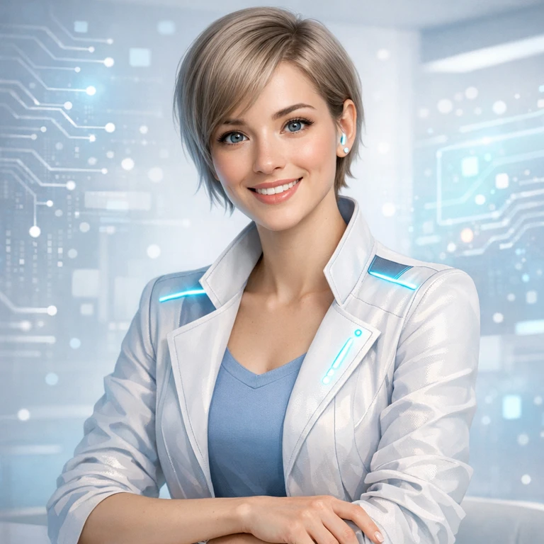 Calanthe — a poised figure in a luminous white-and-blue suit against a glowing circuit-board backdrop